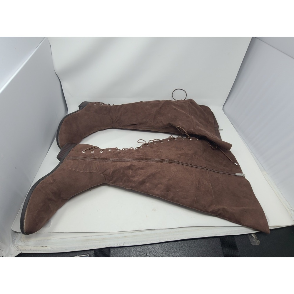 Torrid 10WW Brown Faux Suede Over The Knee Boots Corset Lace Up Back Wide Calf